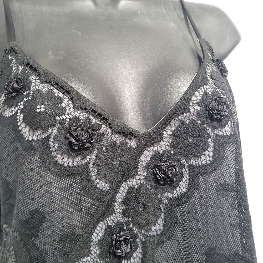 Y2K Whimsigoth Maxi Slip Dress Laundry Black Lace over gray satin 3D Ribbon rose - Picture 9 of 16